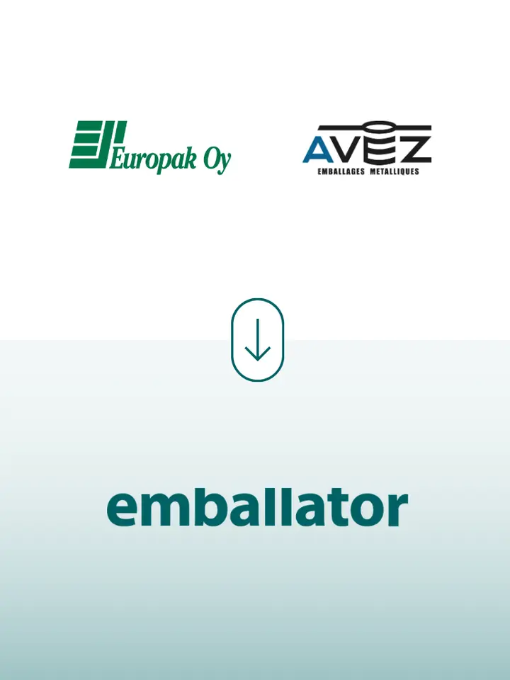 Europak Oy and AVEZ logos connected by an arrow to the Emballator logo, illustrating a company transition or integration.